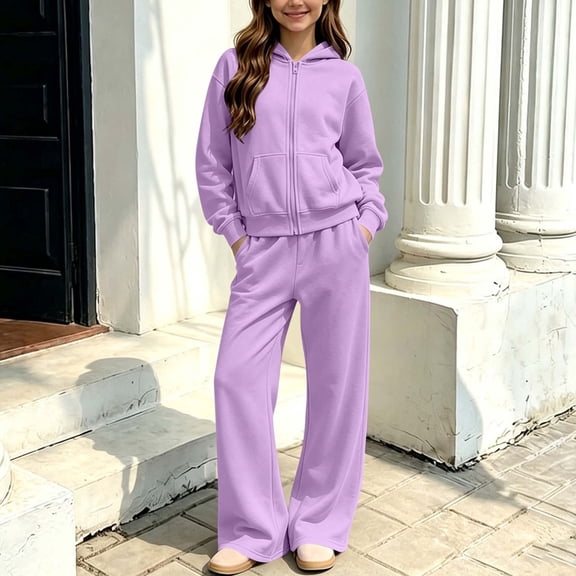 Sakuulaan Girls 2‑Piece Fleece Tracksuit Set, Full‑Zip Hooded Jacket & Relaxed Pants, Warm Polyester Casual Outfit for Kids 5‑14 Years