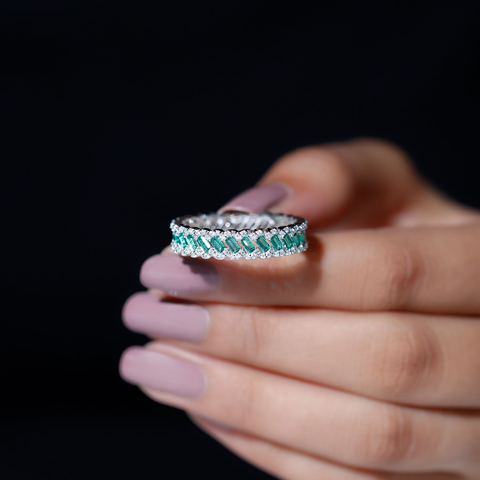 Baguette Cut Lab Created Emerald and Moissanite Eternity