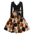 thumbnail image 2 of Halloween Dresses for Women Bat Pumpkin V Neck Cocktail Hepburn Casual Dress Long Sleeve 1950s Vintage Fall Dresses with Belt XL, 2 of 5