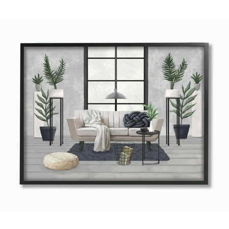 Stupell Industries Modern Living Room Interior Design Blue Gray Painting Framed Wall Art by Ziwei