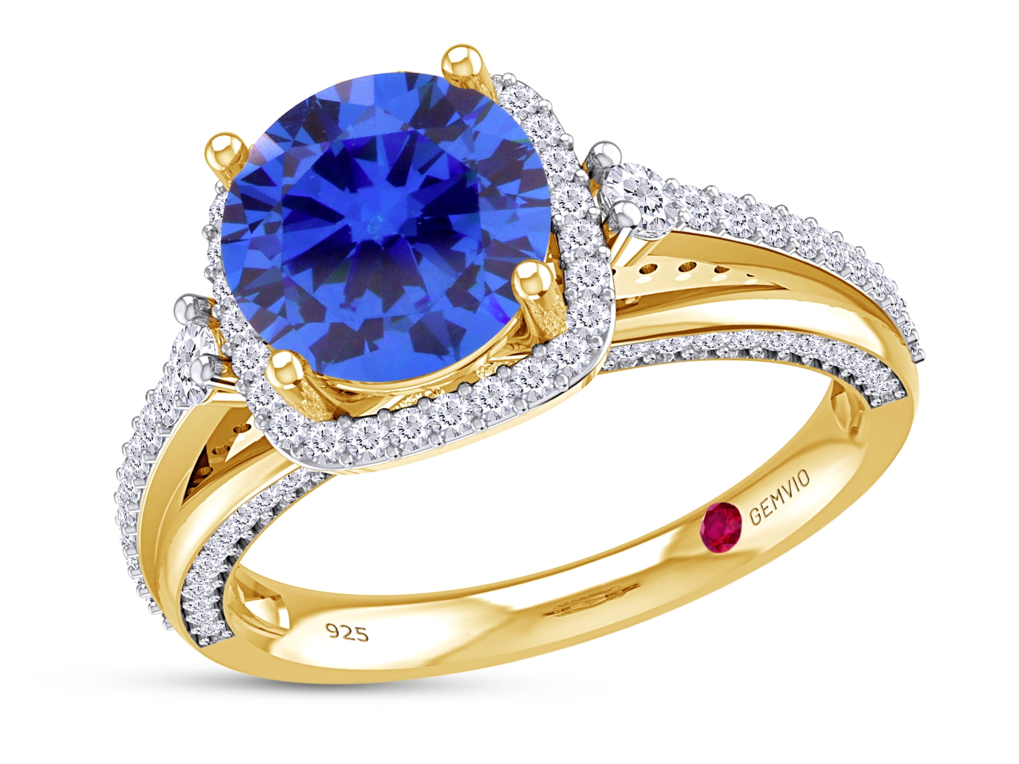 14k Yellow Gold Plated Round Cut Blue Tanzanite & White CZ Milgrain Engagement Wedding Ring-Blooming Flower Ring 