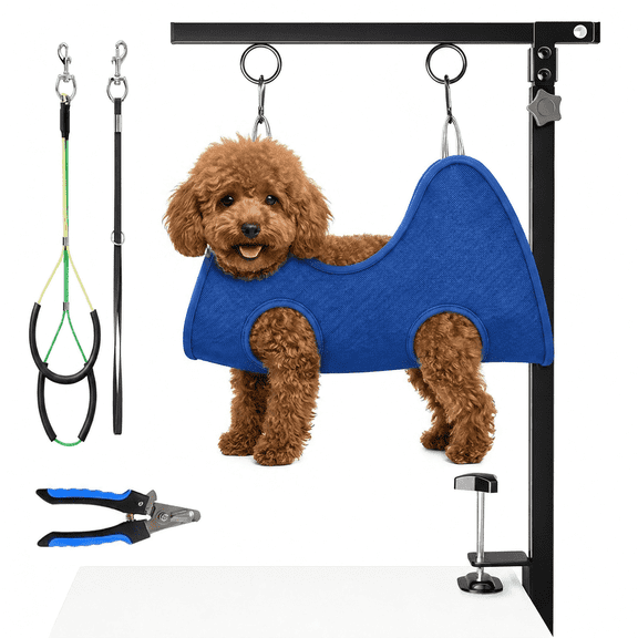 Foldable Dog Grooming Arm with Clamp, 26"-40" Adjustable Height, Grooming Table Arm with Hammock and No-Sit Holder for Small & Medium Dogs