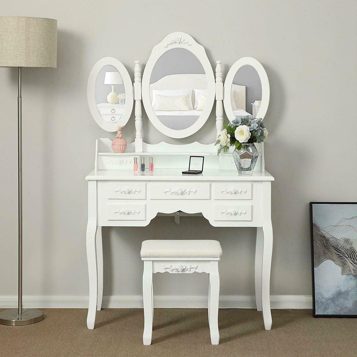 3 Mirrors and Stool Fashion Shabby Dressing Table Vanity Makeup with 7 Drawers 