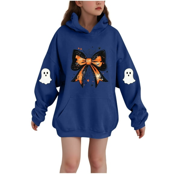 SERTG Children Halloween Printed Hooded Tops Long Sleeved Sweatshirt with Pockets Fleece Top Hooded Sweatshirt for Girls 3-14 Years(Blue,5-6 Years)