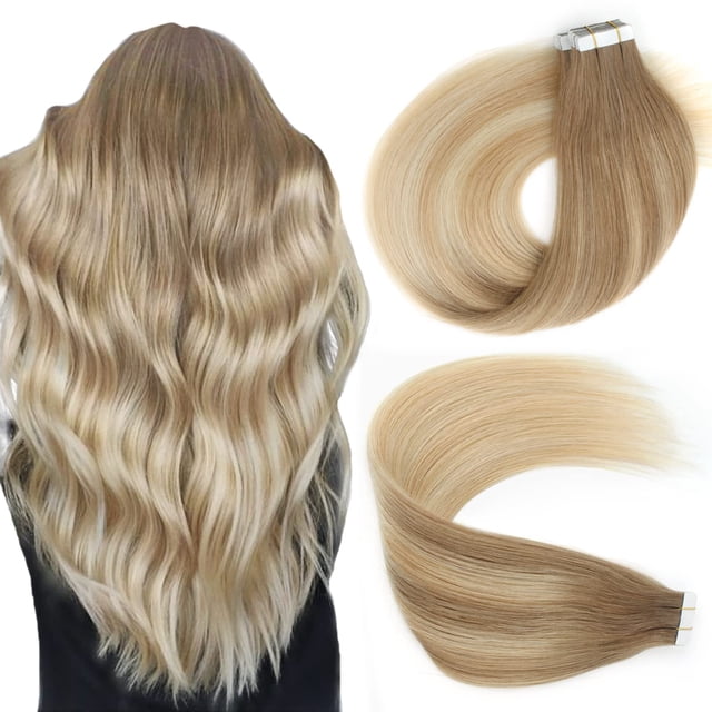 Lovrio 18 "", 20 piezas, 50 g, cinta adhesiva invisible para cabello humano, Balayage, marrón ceniza, que se desvanece a rubio sucio y rubio platino B8-18-60