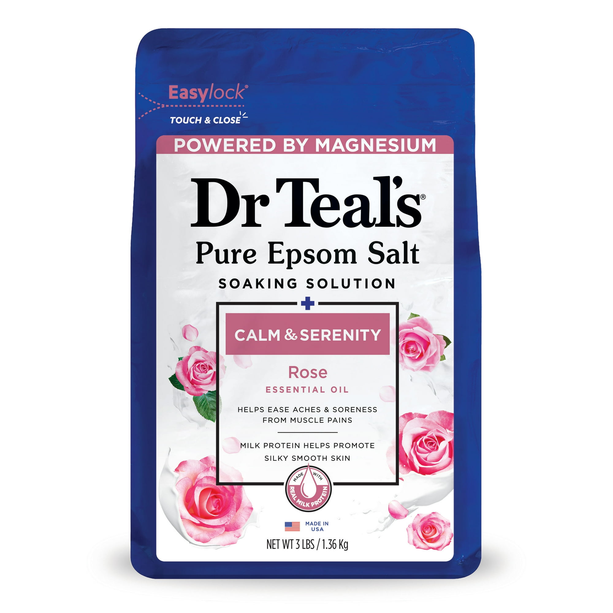 Dr Teal's Epsom Salt Magnesium Soak, Calm & Serenity with Rose Essential Oil & Milk Protein 3 lbs, 4 count