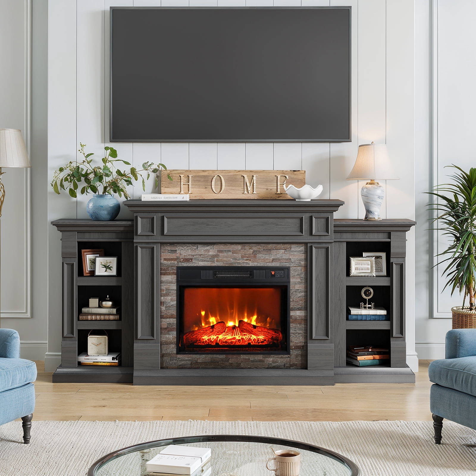 72" Fireplace Mantel with 23" Electric Fireplace and Bookshelves, Wooden Storage Freestanding Heater with Remote Control,Black