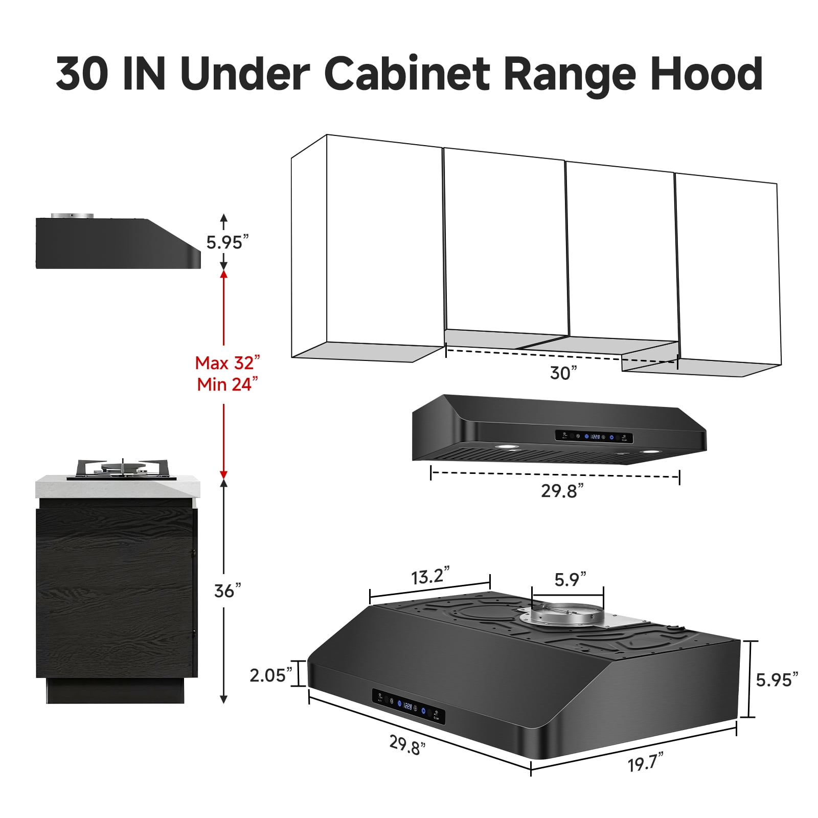 Aobosi Under Cabinet Range Hood 30 Inch, 750CFM Stainless Steel Kitchen Stove Vent Hood 3 Speed Exhaust Fan Touch/Remote/Gesture Control, Black