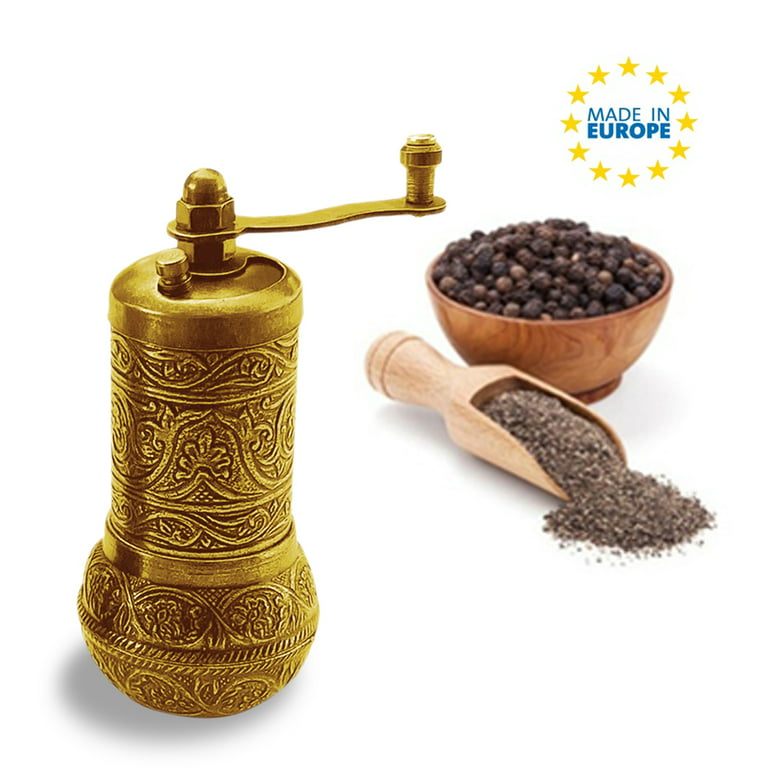 Salt and Black Pepper Grinder, Refillable Spice Grinder, Authentic Vintage Turkish Pepper Mill Decorative, 4.2 in, Bright Gold