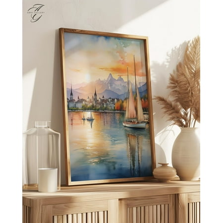 Lake Zurich Sunset Poster: Swiss Alps Travel Poster, Unframed Poster Size 8x12