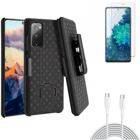 Case Belt Clip & Screen Protector & 6ft Long Type-C Cable for Samsung Galaxy S20 Fan Edition - Holster Swivel + Anti-Glare Tempered Glass + PD Fast Charger Cord Power Combo