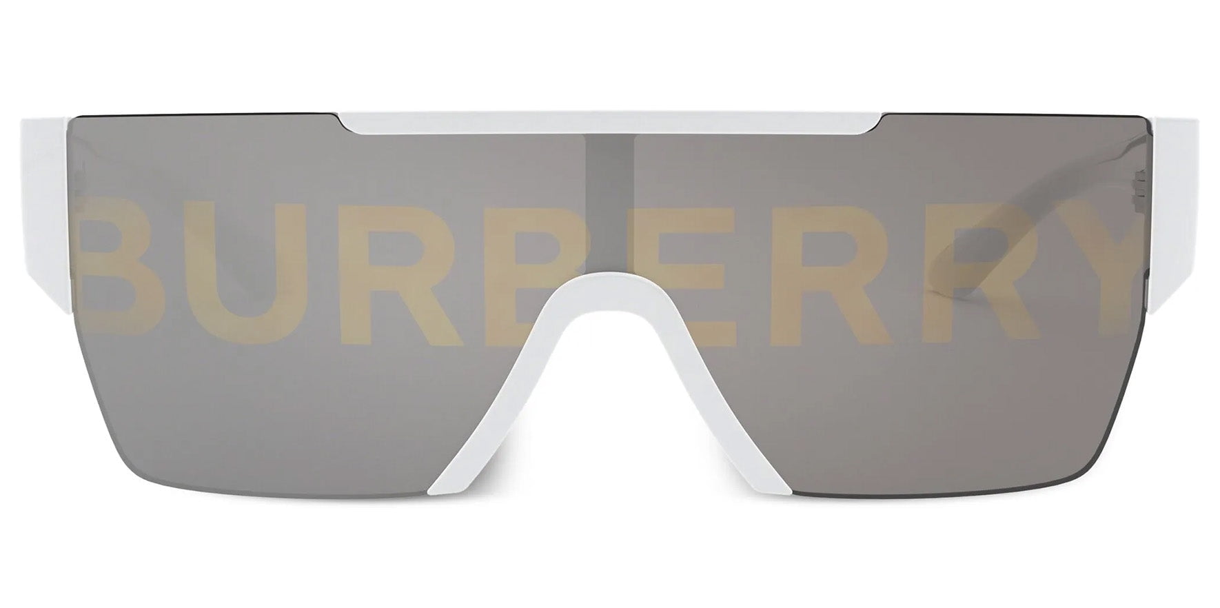 Burberry Men's White Flat Top Shield Sunglasses with Brand Graphic Mirror Lens Made in Italy