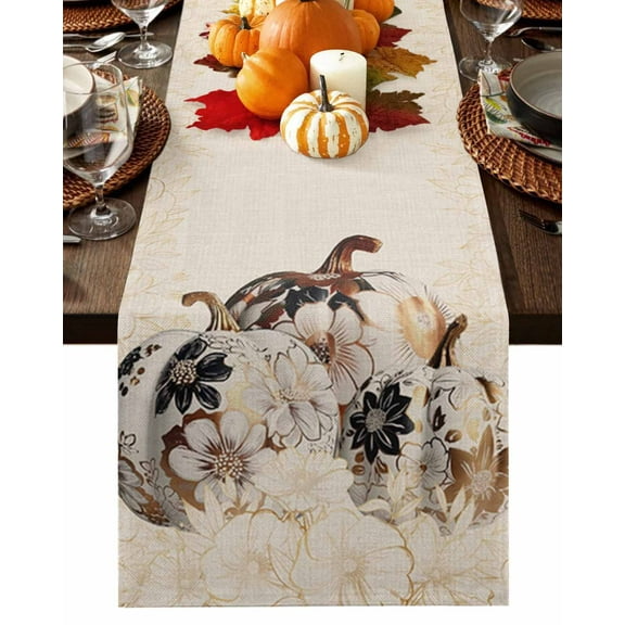 Fall Table Runner Thanksgiving Flower Pumpkin Table Runners Floral Autumn Leaf Cotton Linen Dresser Scarf Kitchen Dining Table Decor for Fall Holiday Party Decor 13x90 Inch