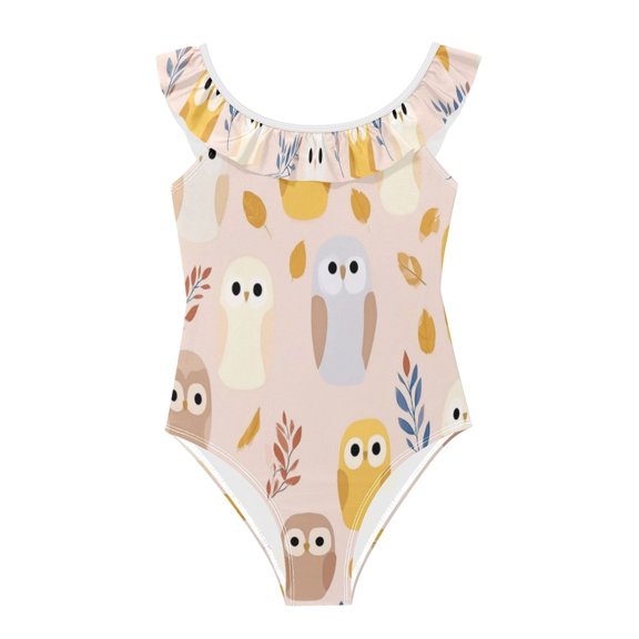 Girls Ruffled One Piece Swimsuit Summer Beach Vacation Swimwear Tank Swimsuit Little Owl
