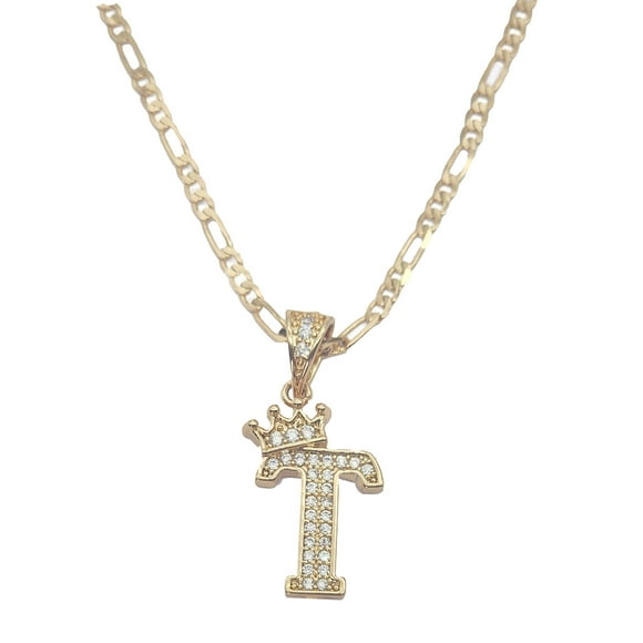 Cadena y dije de brillos con corona de oro laminado letra T