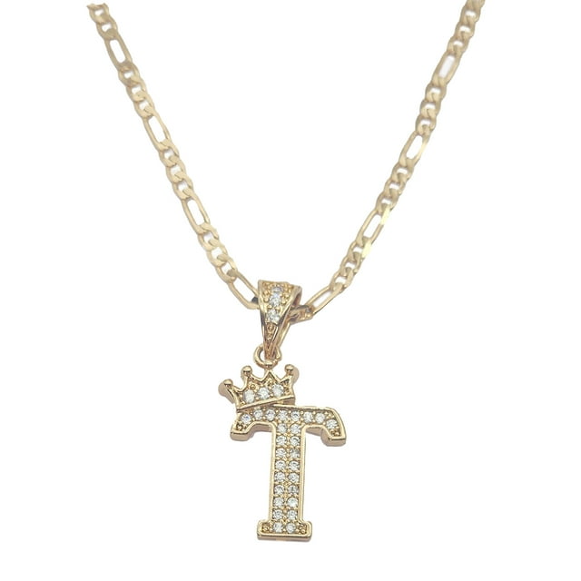 Cadena y dije de brillos con corona de oro laminado letra T