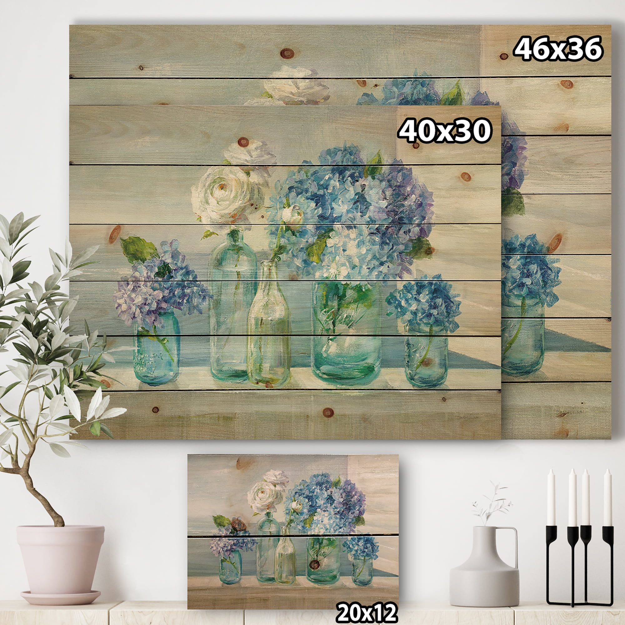 Designart 'Coastal Flowers Bouquets in Glass Bottles' Nautical & Coastal Print on Natural Pine Wood
