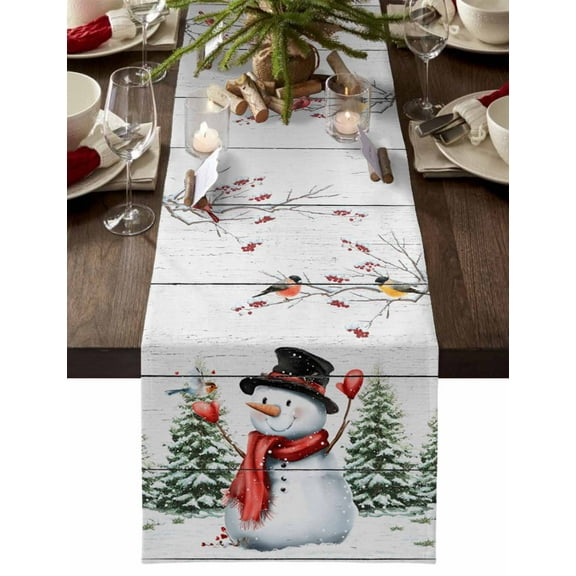 Christmas Table Runner Snowman Cardinal Bird Table Runners Berry Xmas Trees Wood Cotton Linen Dresser Scarf Kitchen Dining Table Decor for Christmas Holiday Party Decor 13x36 Inch
