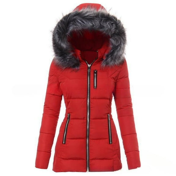 Stichou Women's Warm Winter Coat Long Parka Fleece Heavyweight Lined Waterproof Puffer Jacket With Faux Fur Hood Red L