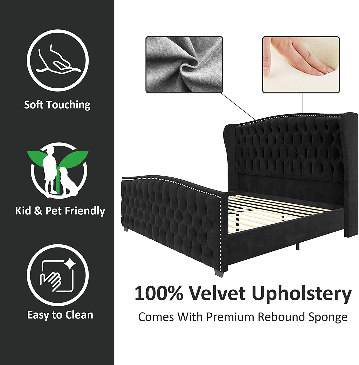 Amerlife Queen Bed Frame with Velvet Upholstery, Tufted Wingback Headboard and Nailhead Trim, Black
