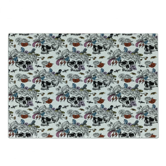 Gothic Cutting Board, Day of the Dead Inspired Human Skulls Design with Colorful Flowers Mexican Tradition, Decorative Tempered Glass Cutting and Serving Board, Small Size, Multicolor, by Ambesonne