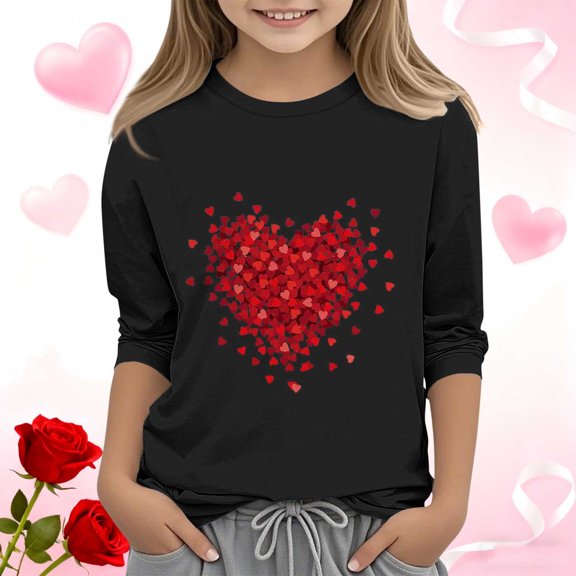 ATOGUTA Valentine's Day Shirts for Girls Kids Heart Printed Valentine's Festival Outfit 3/4 Sleeve VDAY Tops Size 3T-12, Black
