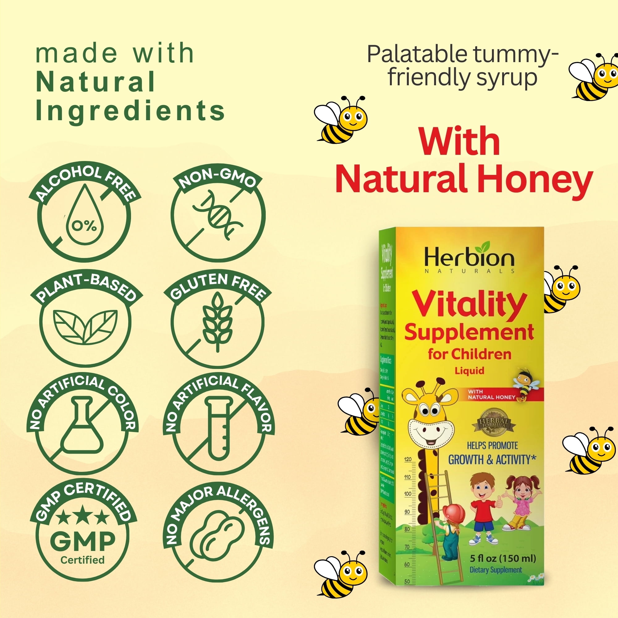 Herbion Naturals Vitality Syrup for Kids 1 Year and Above, Herbal Supplement for Growth and Appetite, 5 fl oz, 150 mL