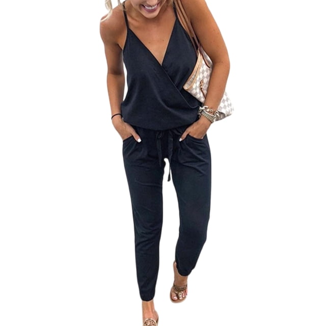 UKAP Ladies Jumpsuits Wrap V Neck One Piece Pants With Pockets Romper Boho Holiday Summer Black XL