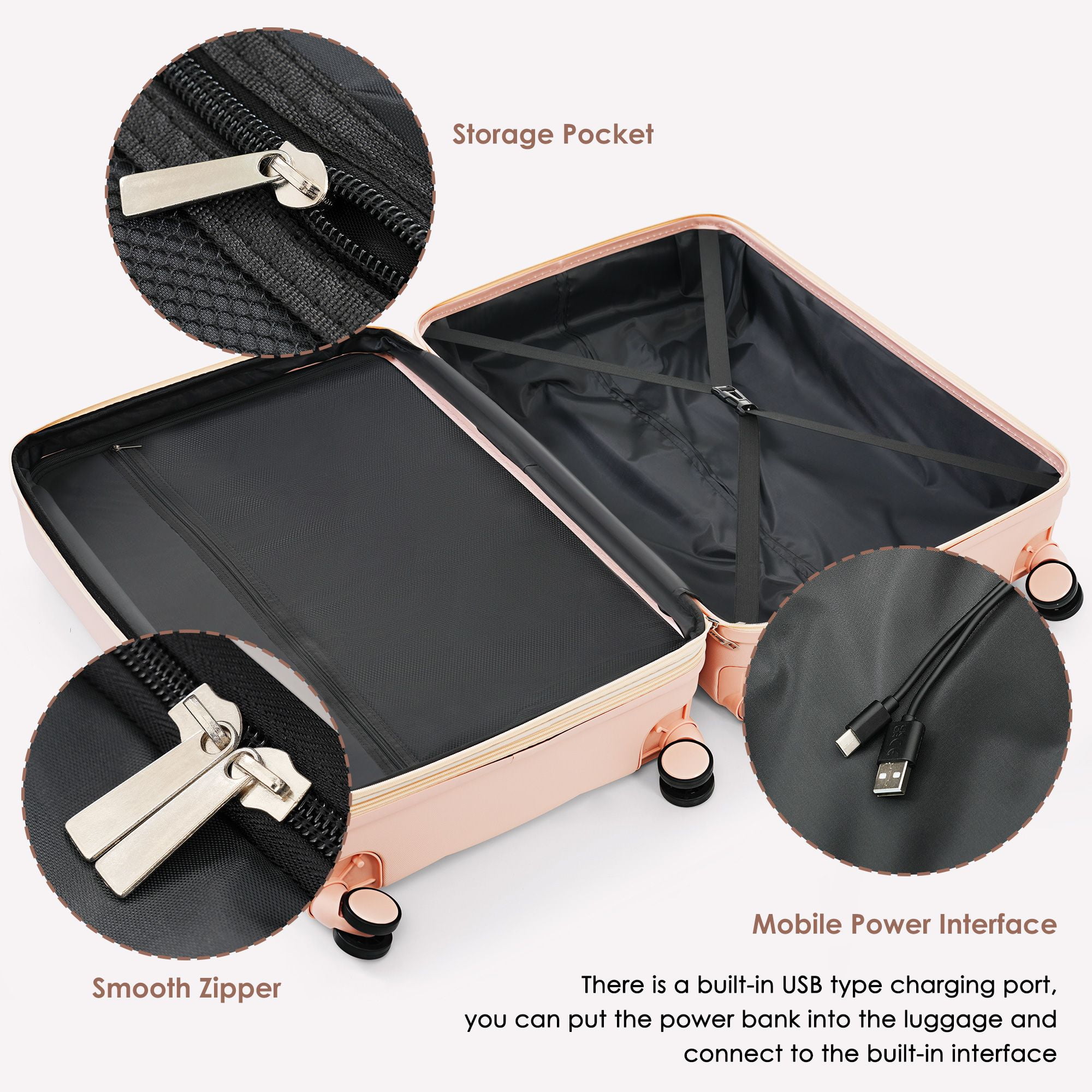 Aukfa Luggage Set, 3 Piece Expandable Hardshell Suitcase with USB Port and Cup Holders, Spinner Wheels, Pink