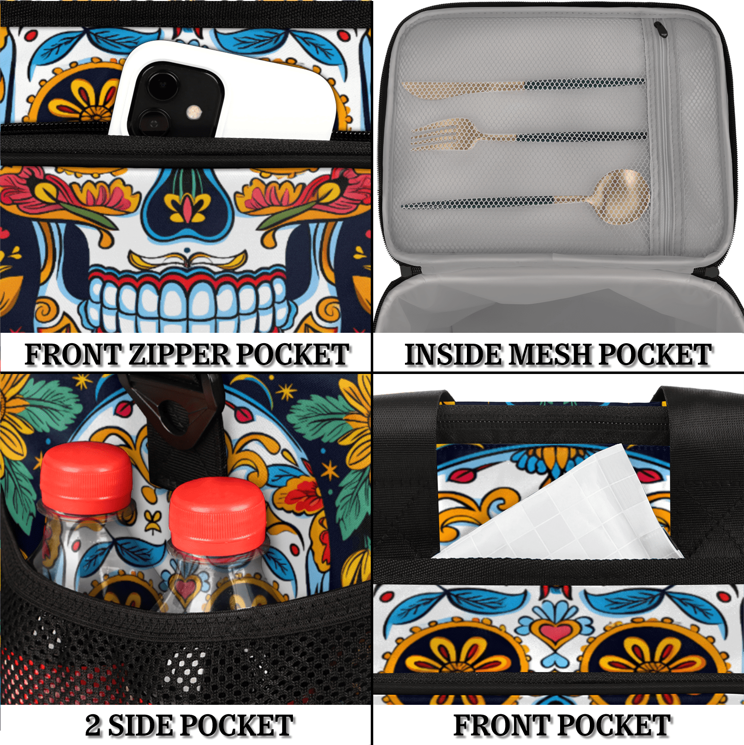 Herdesigns Sugar Skull Gothic Halloween Large Lunch Box for Adults Women Men with Adjustable Shoulder Strap, Insulated Reusable Lunch Bag Leakproof Cooler Tote Bag