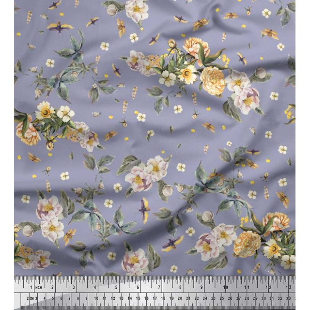 Soimoi Rayon Crepe Fabric Leaves,Moth & Magnolia Floral Print Fabric by the Yard 46 Inch Wide