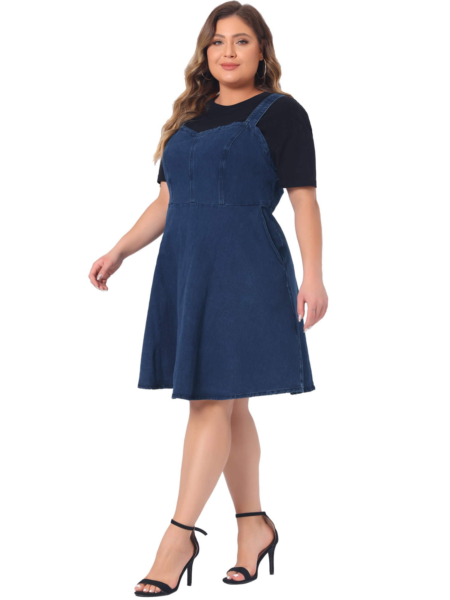 DARING DIVA Women's Plus Size Denim Overall Adjustable Straps Pockets Dress 5X Dark Blue