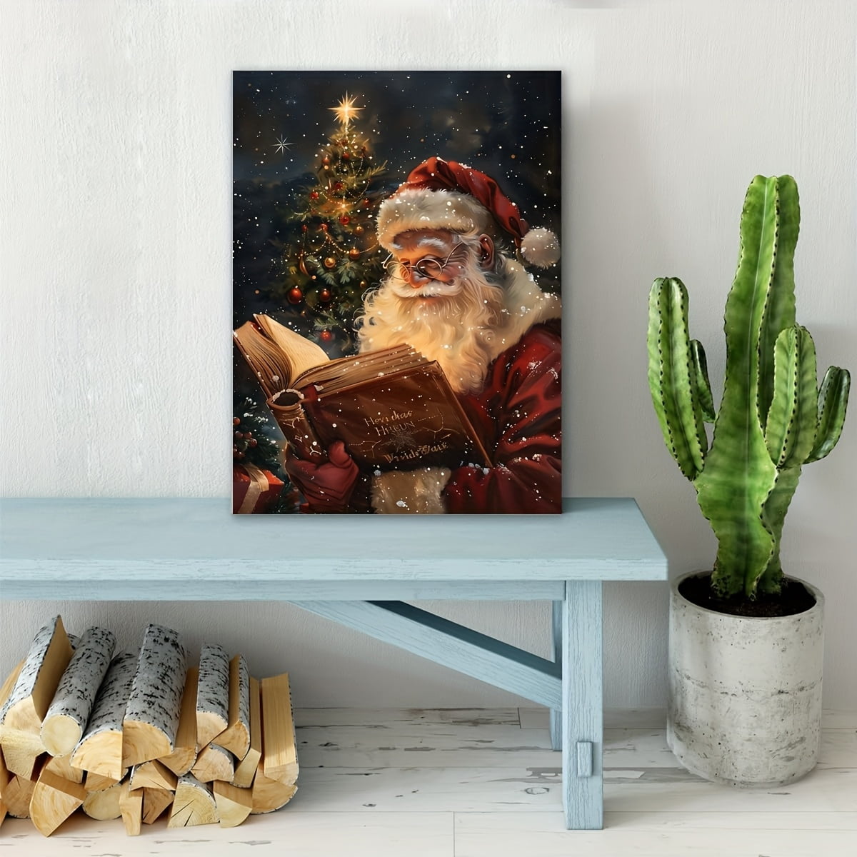 Framed Santa Claus Reading Canvas Wall Art - Waterproof Print, Festive Holiday Decor for Home, Ideal for Christmas & Halloween, Featuring Santa in his Traditional Attire