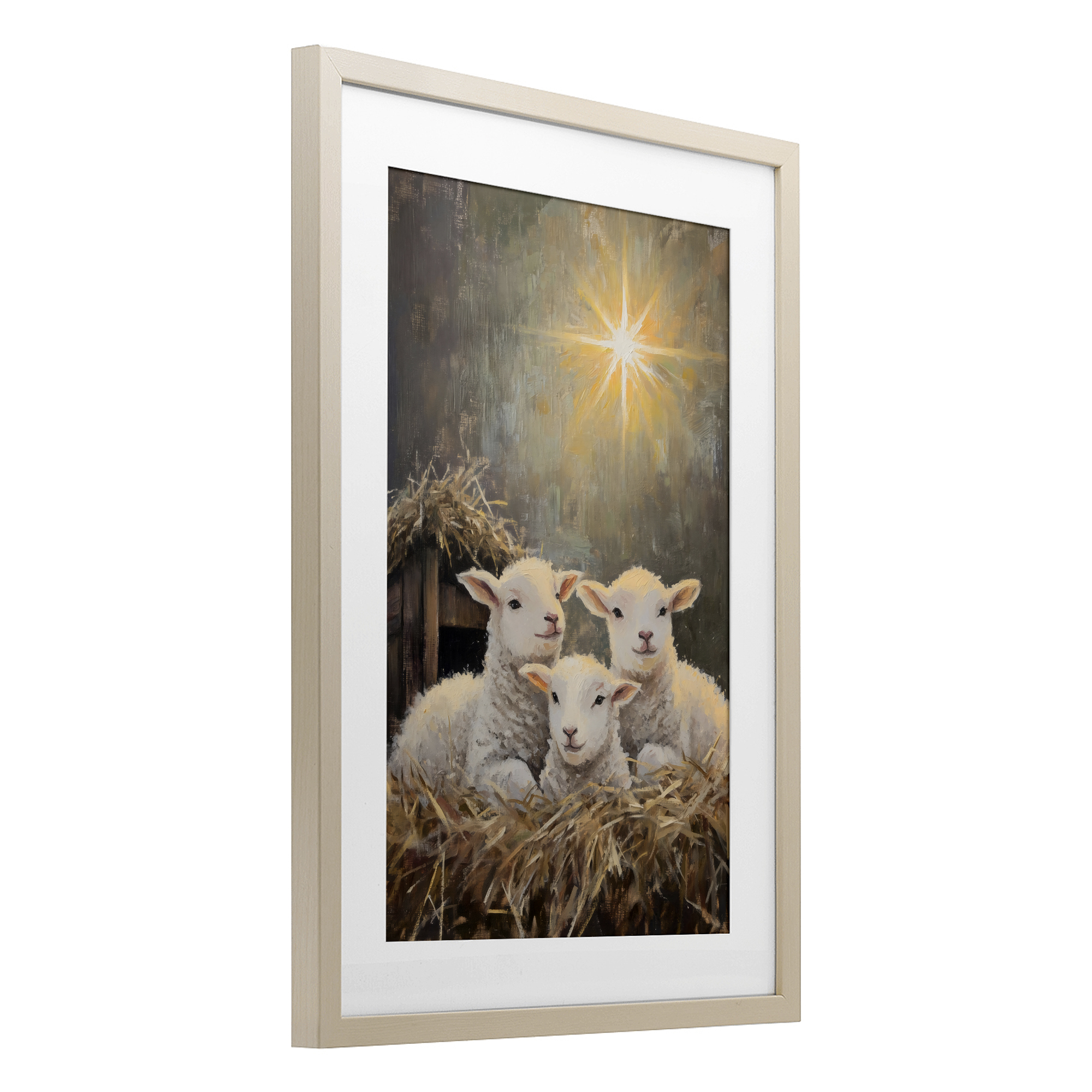 Festive Lambs in Stable Birch Framed Print Under Glass, design by Petal Prints Design