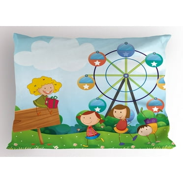 Ferris Wheel Pillow Sham, Doodle Boys and Girls Kids Playing at the Park during Summer Holiday Theme, Decorative Standard Size Printed Pillowcase, 26 X 20 Inches, Multicolor, by Ambesonne