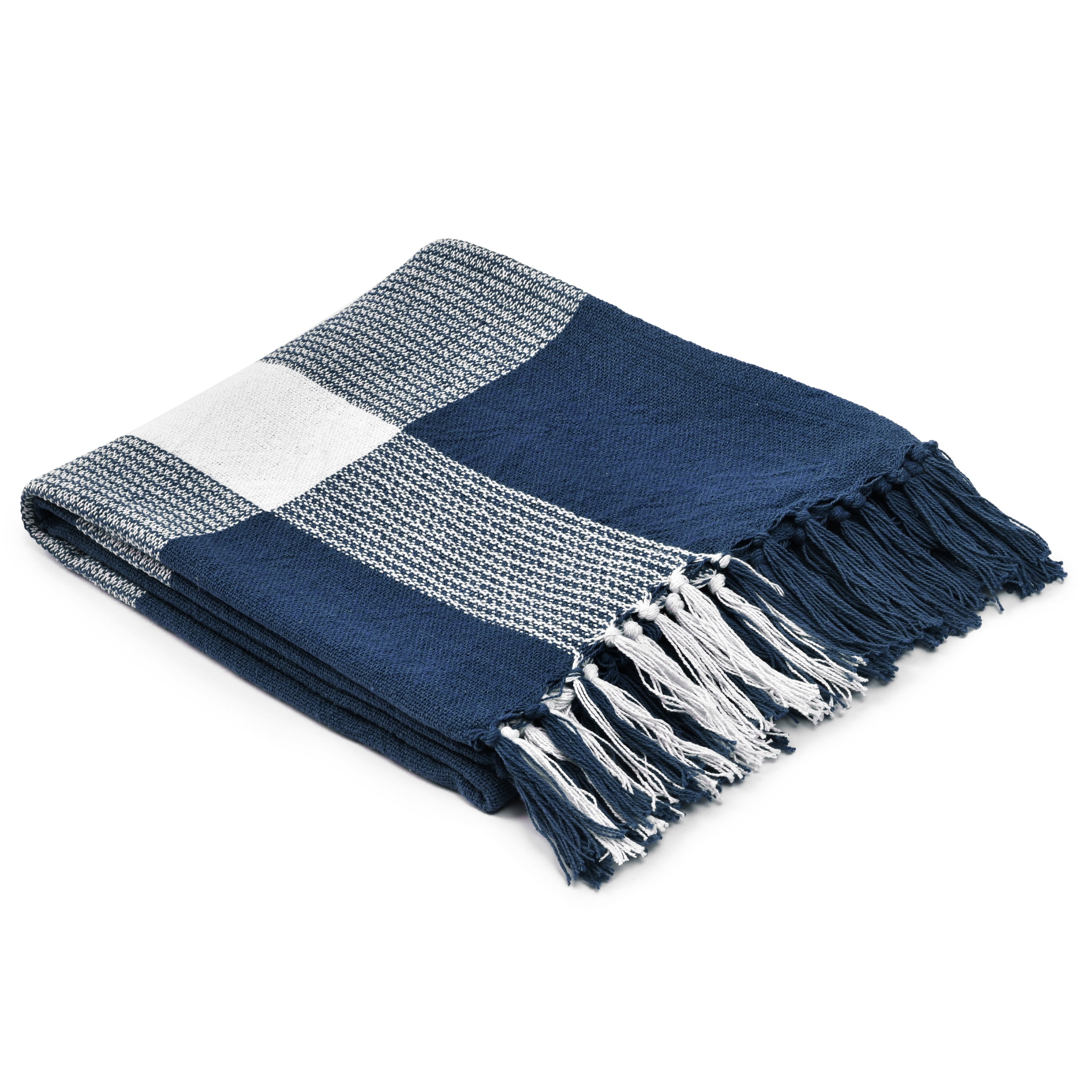 Ox Bay Navy Blue/White Tartan Plaid Cotton Throw Blanket, 50" x 60"