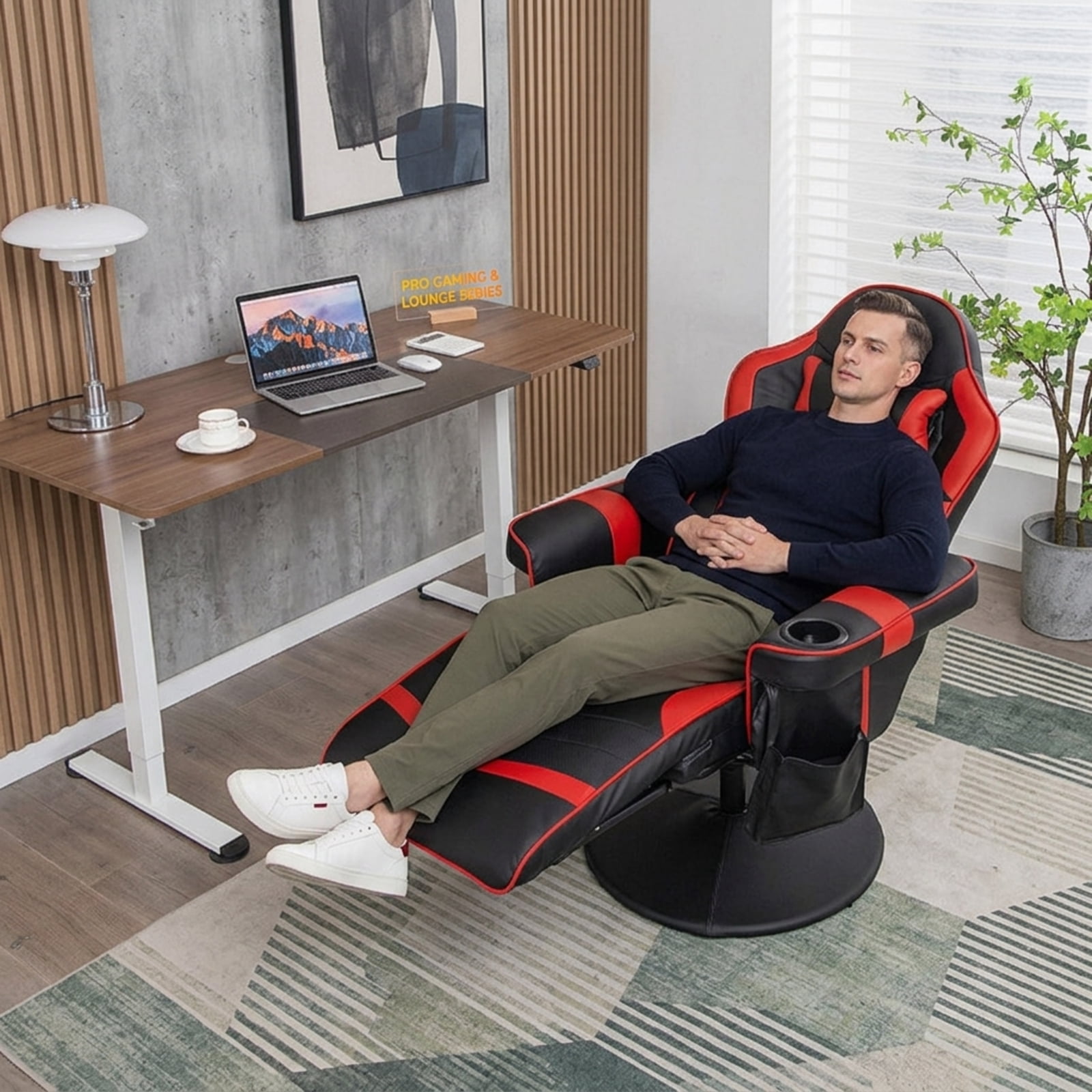 Furnibear Massage Video Gaming Recliner with Reclining Backrest Adjustable Height Retractable Footrest and Side Pocket for Gaming and Office, Red