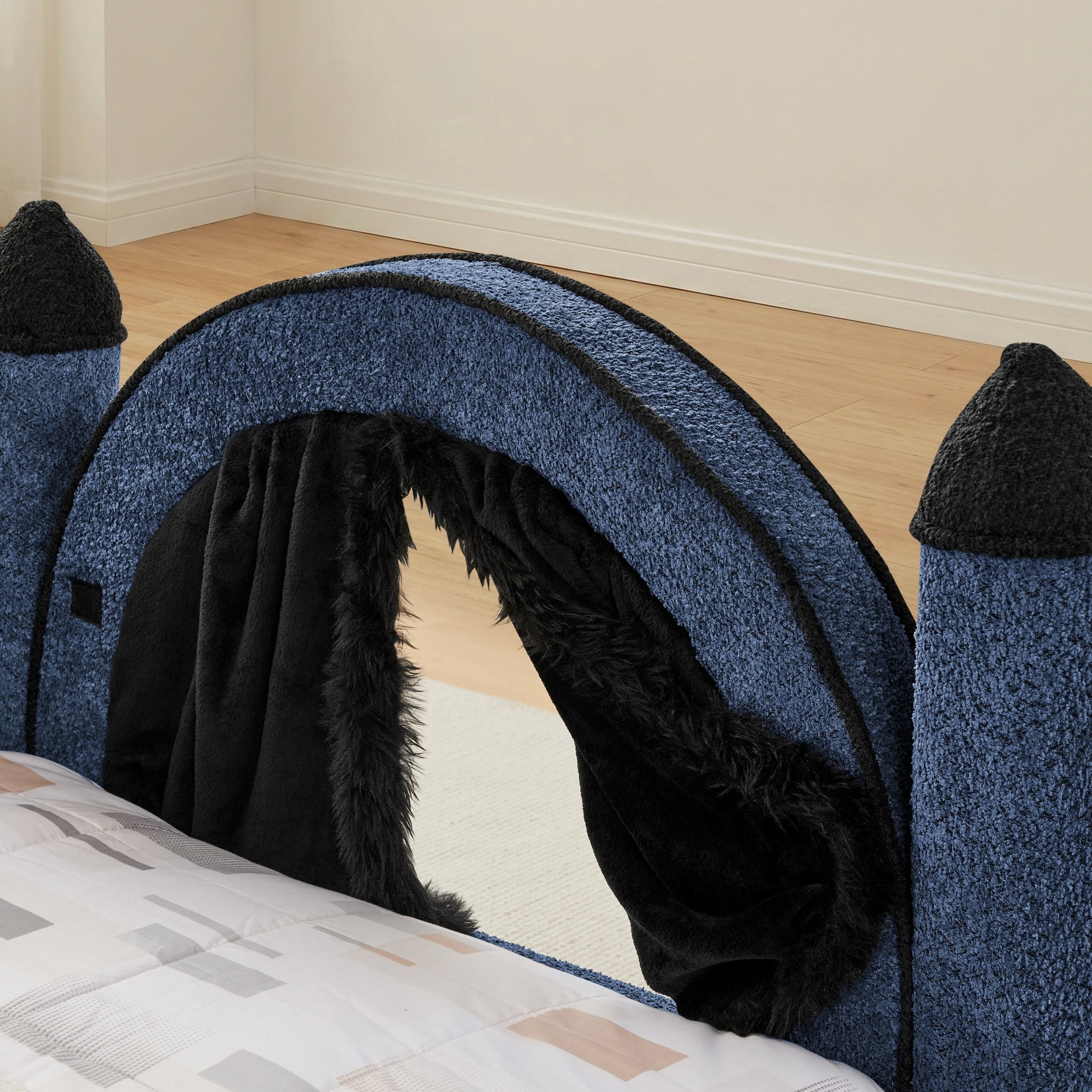 GDF Studio Solley Twin Size Castle Bed with Safety Guardrails, Curtain & Wood Frame, Boucle Upholstered Bed, Navy