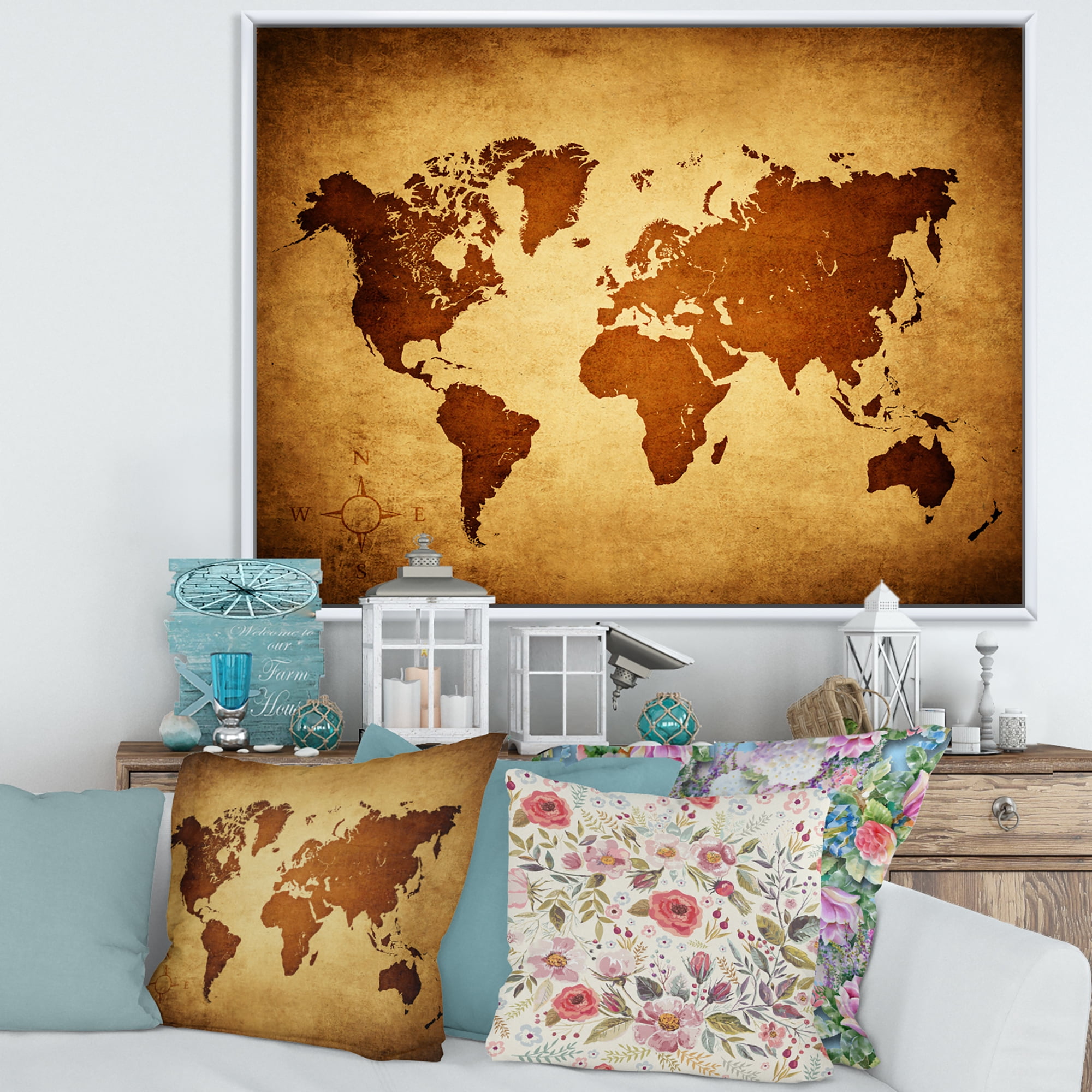 Designart 'Ancient World Map VI' Vintage Framed Canvas Wall Art Print