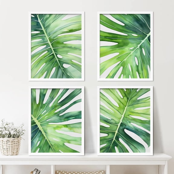 PixonSign 4 PCS Adhesive Canvas Posters Tropical Jungle Island Palm Leaf Collage Framed Wall Prints Nature Wilderness Digital Modern Art Decorative Floral Zen Botanical Artwork - 8"x10" White