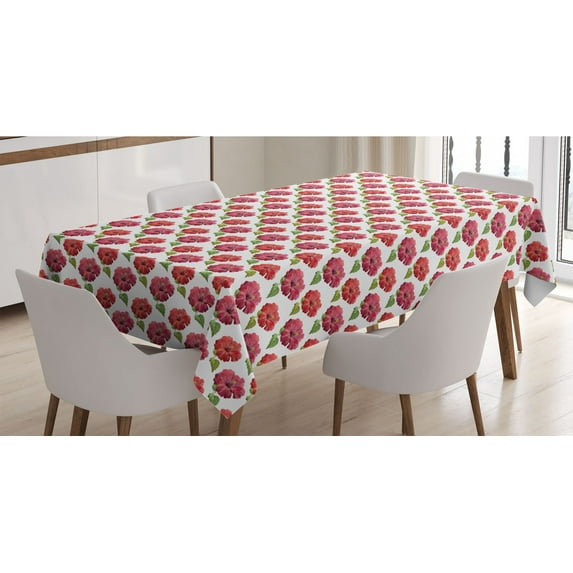 Luau Tablecloth, Art of Flowers of Tropical Places, Rectangle Satin Table Cover Accent for Dining Room and Kitchen, 52" X 70", Dark Pink White Green, by Ambesonne