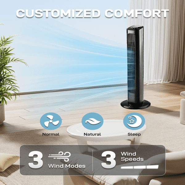 Alvantor 36-Inch Oscillating Tower Fan with Remote Control, 3 Speeds, 3 Modes and 9-Hour Timer, Black
