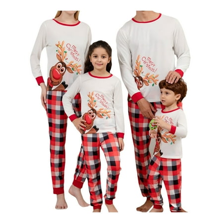 

Gwiyeopda Family Matching Christmas Pajamas Cartoon Elk Print Tops + Plaid Pattern Trousers Holiday Sleepwear