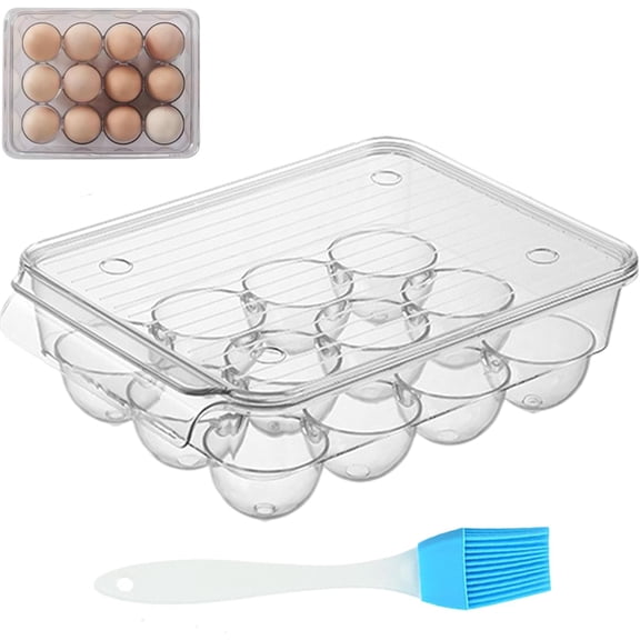 Plastic Egg Holder for Fridge: Egg Organizer Egg Container with Lid & Handle - 12 Eggs Count, Clear Kitchen Egg Dispenser Egg Tray, Stackable Egg Storage for Refrigerator
