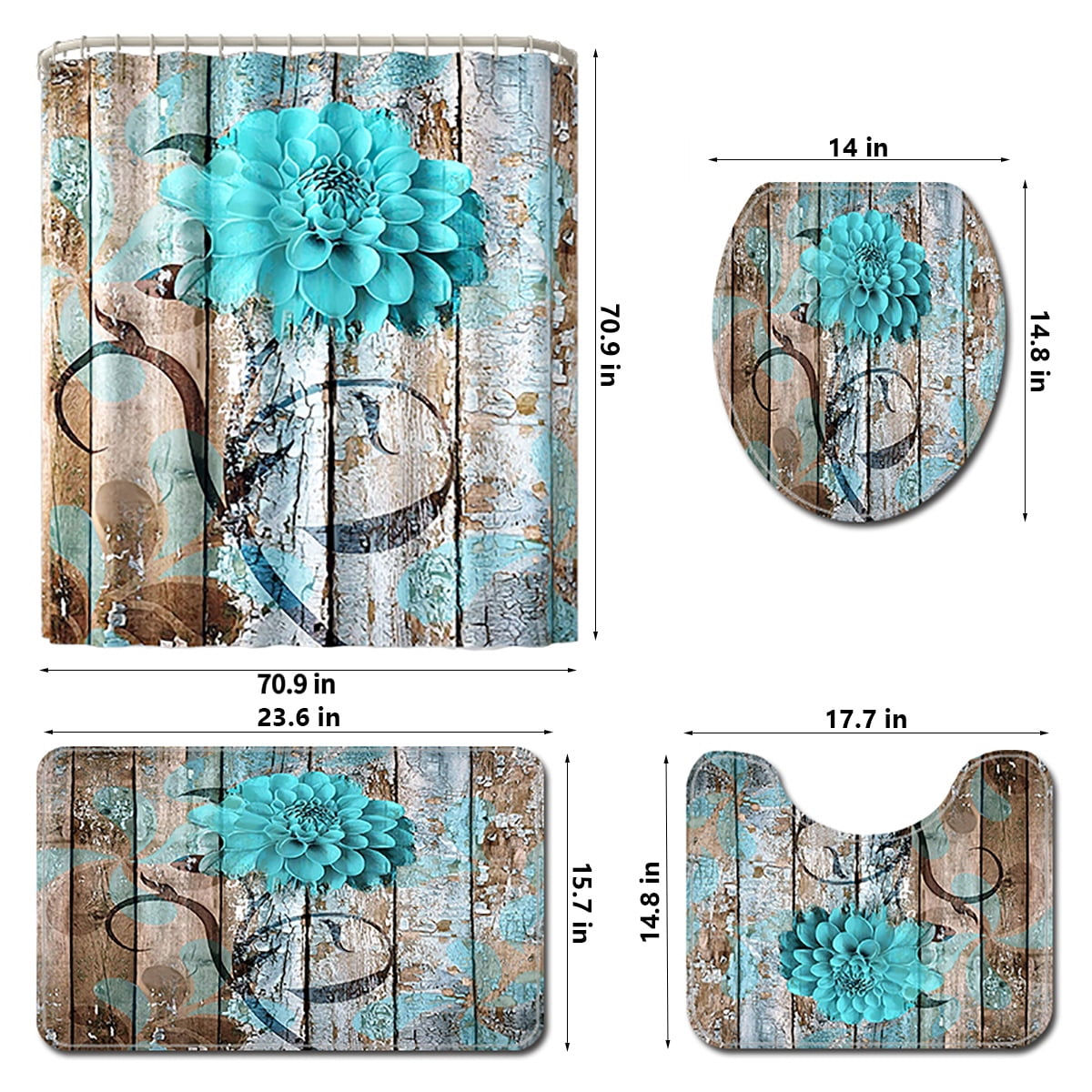 16 Piece Floral Flower Bathroom Waterproof Shower Curtain Liner Shower Curtain Sets with 12 Hooks + Bath Mat + Toilet Pedestal Rug + Toilet Seat Lid Cover for Home Decor Gift