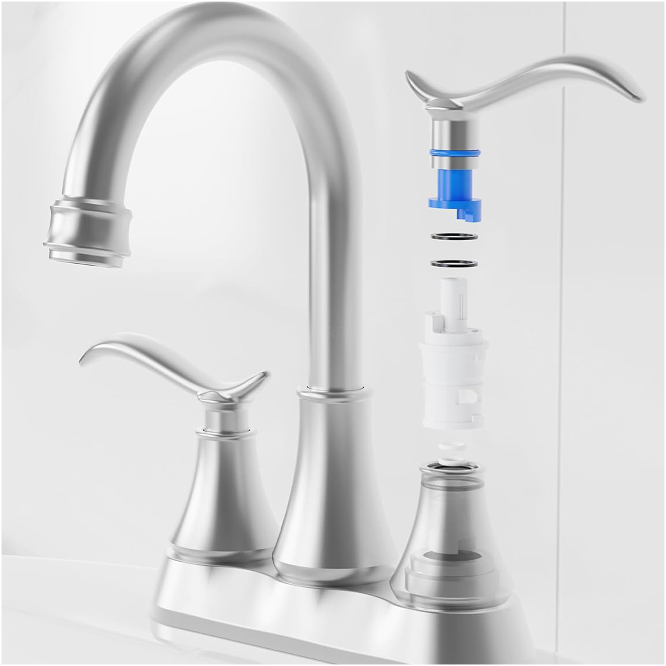 JERFIT 4-inch Centerset Bathroom Sink Faucet, 2-Handle High Arc Swivel Spout, Brushed Nickel, with Pop-Up Drain & Supplies