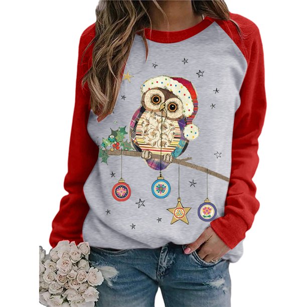Pntutb Mujeres Casual Navidad Impresión Raglan Manga Larga Camisas Blusa tops Pntutb Pntutb-2143