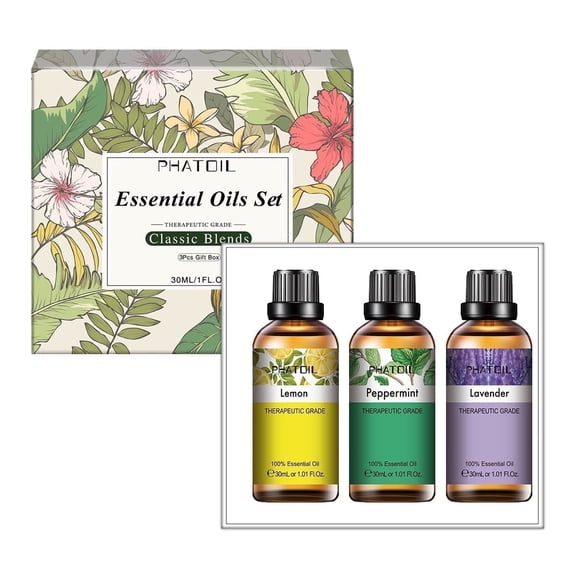 PHATOIL Essential Oils Set, Top 3 Blends for Diffusers, Home Care, Candle Making Scents, Fragrance, Humidifiers, Gifts - Lavender, Lemon, Peppermint (30mL)