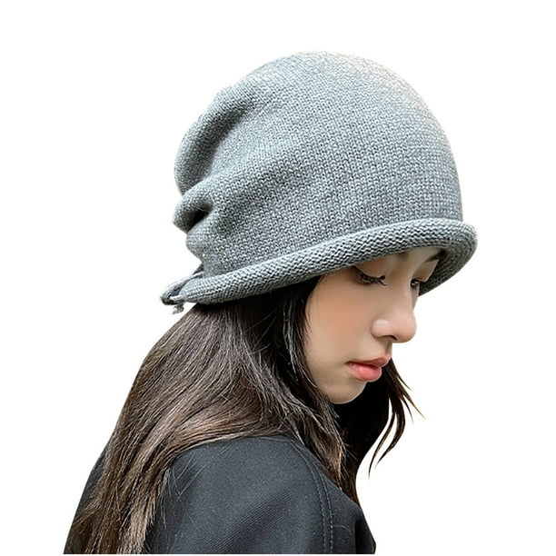 Sombreros de otoño e invierno para mujer, de color liso, con lazo, de lana enrollada con cordón.