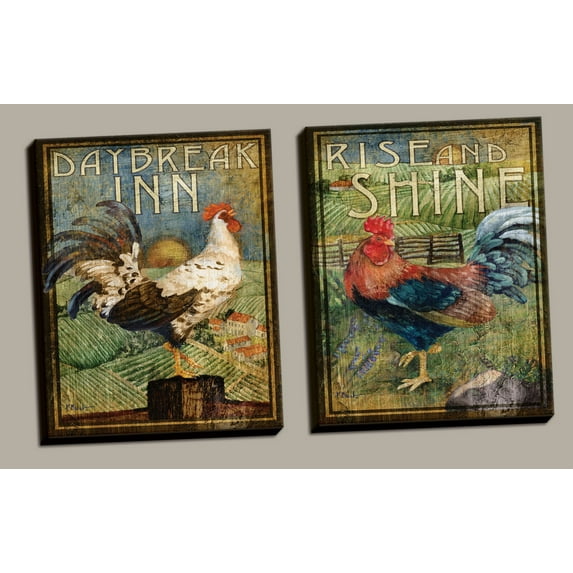 2 Retro Rooster Rustic Art Prints; Country Kitchen Decor, Two 11x14in Stretched Canvases